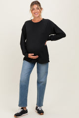 Black Puff Sleeve Solid Ribbed Maternity Top