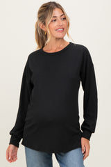 Black Puff Sleeve Solid Ribbed Maternity Top