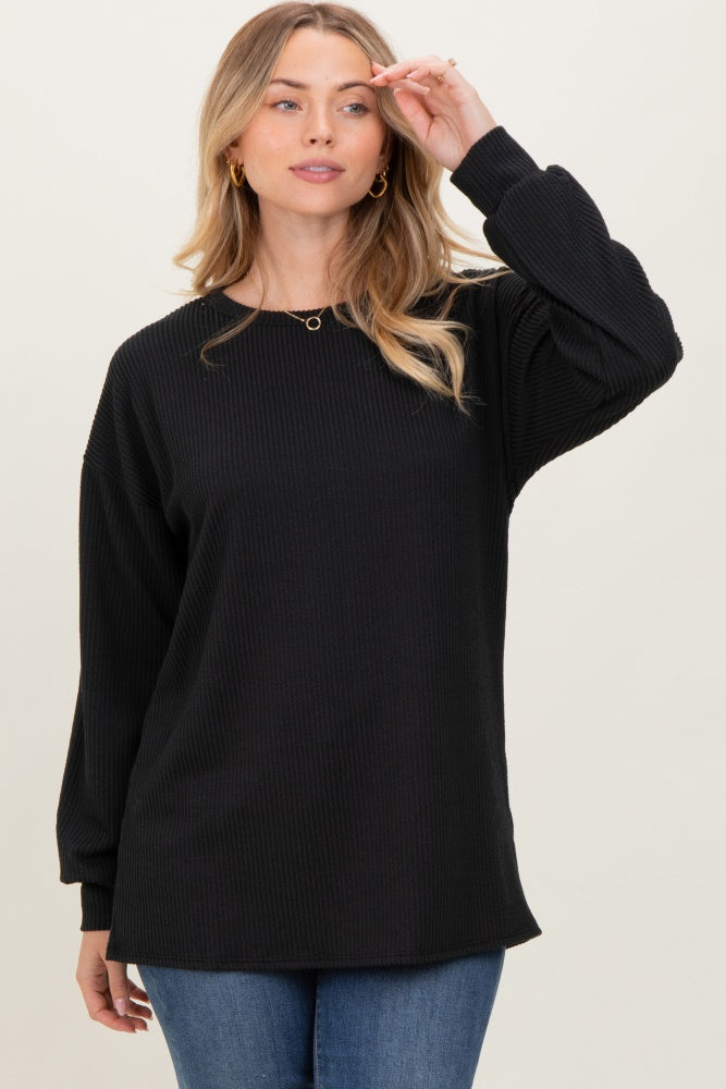 Black Puff Sleeve Solid Ribbed Top