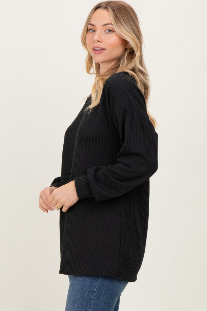 Black Puff Sleeve Solid Ribbed Top