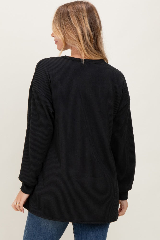 Black Puff Sleeve Solid Ribbed Top