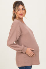 Taupe Puff Sleeve Solid Ribbed Maternity Top