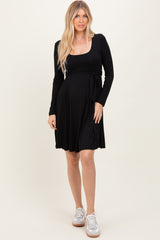 Black Scoop Neck Long Sleeve Waist Tie Maternity Dress