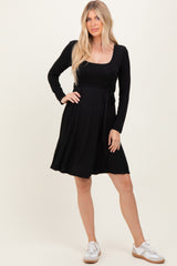 Black Scoop Neck Long Sleeve Waist Tie Dress