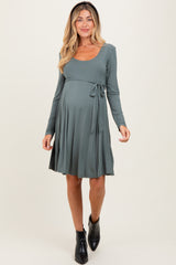 Olive Scoop Neck Long Sleeve Waist Tie Maternity Dress
