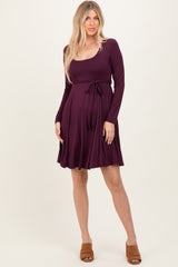 Plum Scoop Neck Long Sleeve Waist Tie Dress