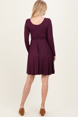 Plum Scoop Neck Long Sleeve Waist Tie Dress