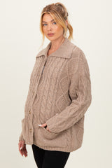 Beige Cable Knit Collared Maternity Button Up Cardigan