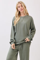 Olive Ribbed Knit Bubble Sleeve Pullover Top