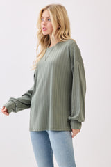 Olive Ribbed Knit Bubble Sleeve Pullover Top