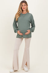 Olive Ribbed Knit Bubble Sleeve Maternity Pullover Top