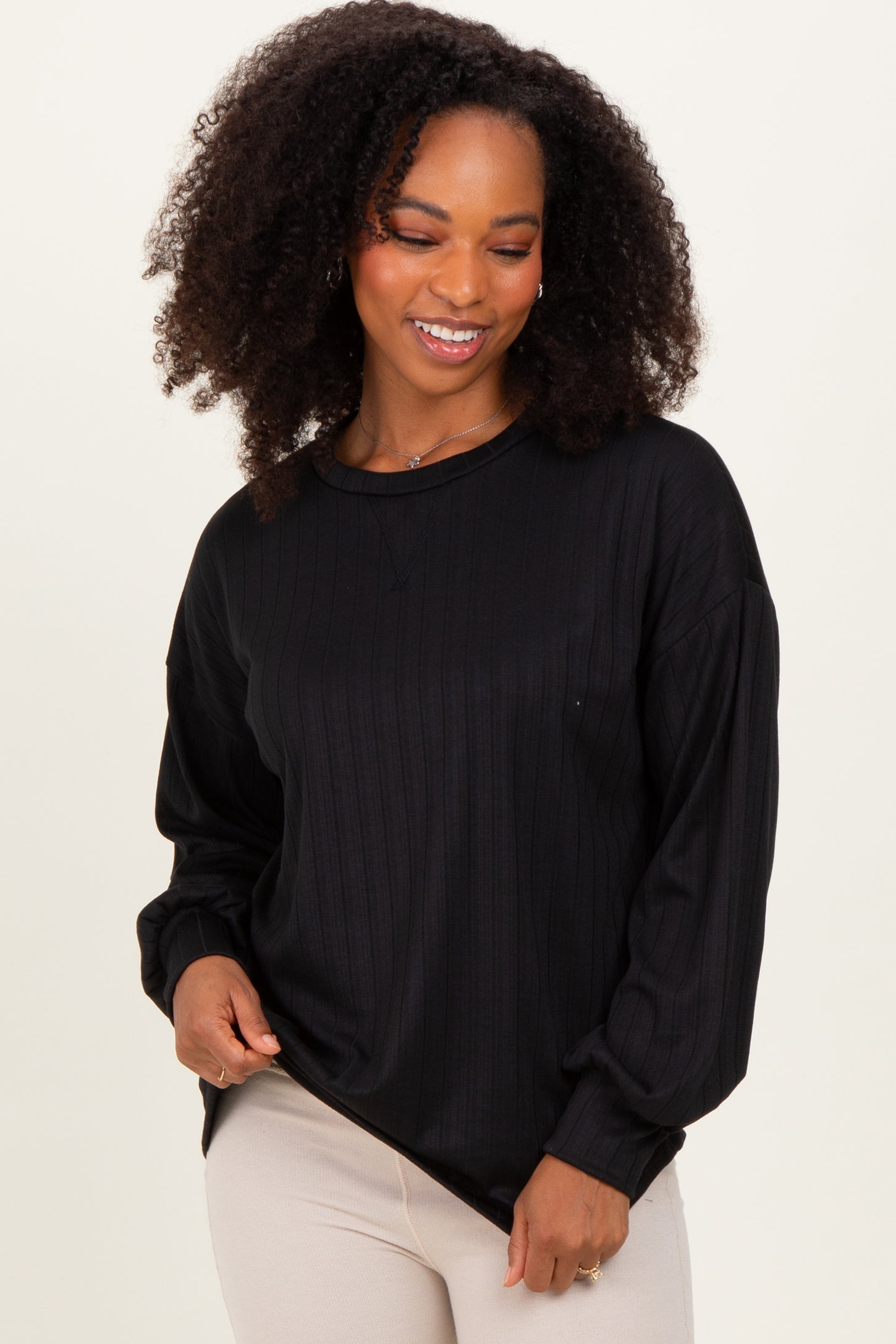 Black Ribbed Knit Bubble Sleeve Maternity Pullover Top