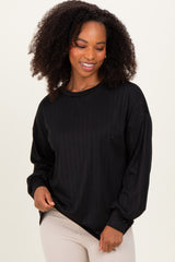 Black Ribbed Knit Bubble Sleeve Maternity Pullover Top