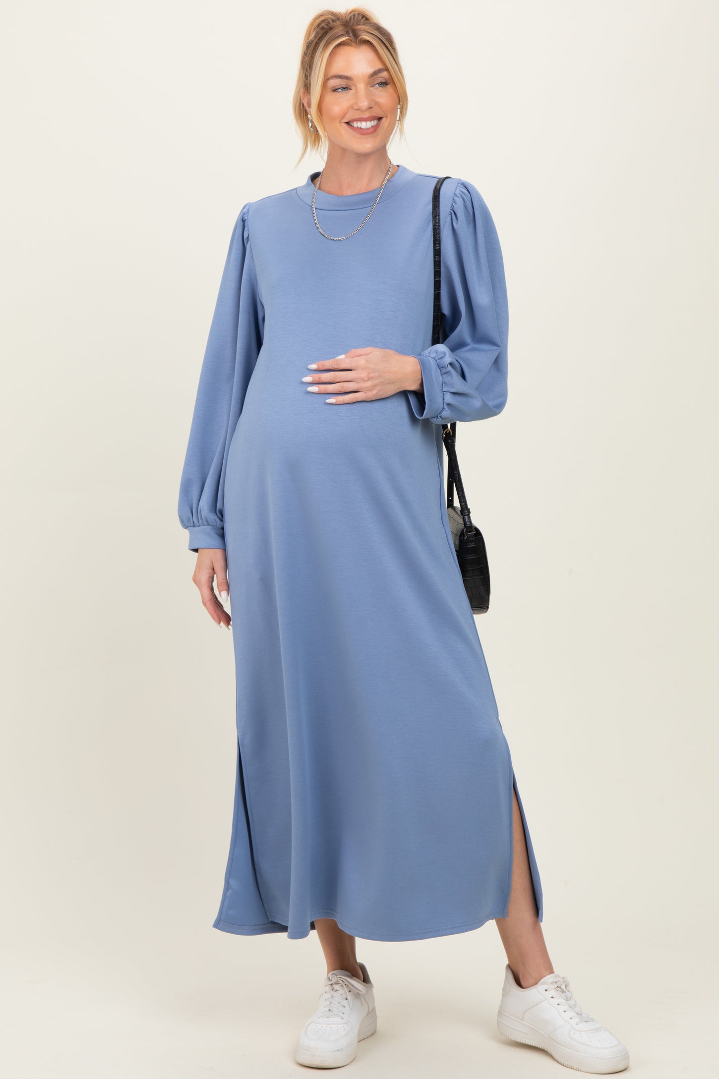 Blue Side Slit Detail Solid Maternity Midi Dress