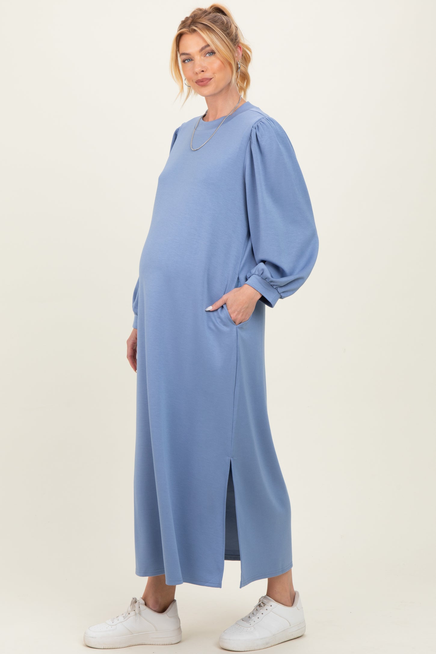 Blue Side Slit Detail Solid Maternity Midi Dress