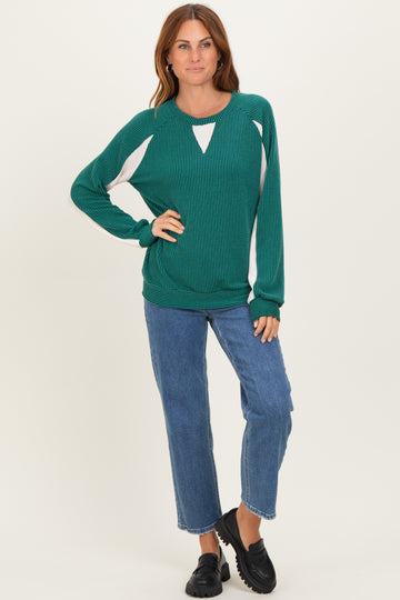 Forest Green Textured Rib Colorblock Pullover