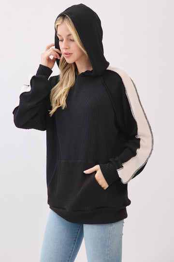 Black Textured Rib Colorblock Hoodie