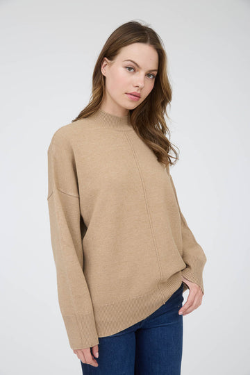 Camel Front Seam Mock Neck Sweater