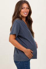 Navy Raw Edge V-Neck Short Sleeve Maternity T-Shirt
