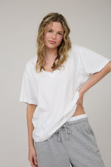 White Raw Edge V-Neck Short Sleeve T-Shirt