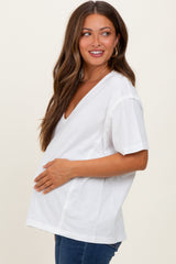 White Raw Edge V-Neck Short Sleeve Maternity T-Shirt