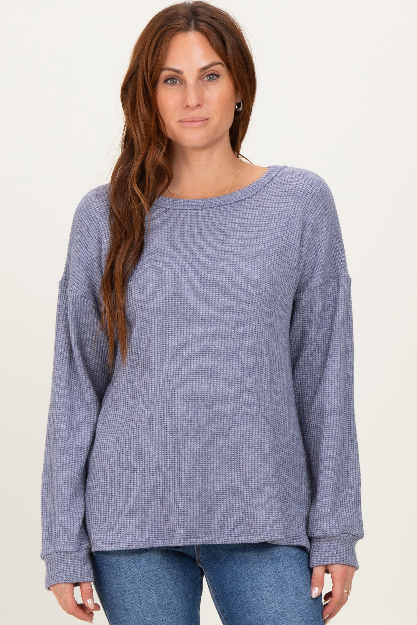 Denim Blue Puff Sleeve Solid Sweater Top