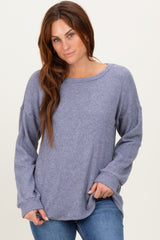 Denim Blue Puff Sleeve Solid Sweater Top
