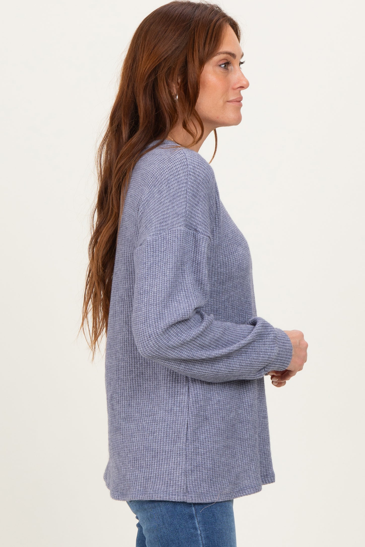 Denim Blue Puff Sleeve Solid Sweater Top