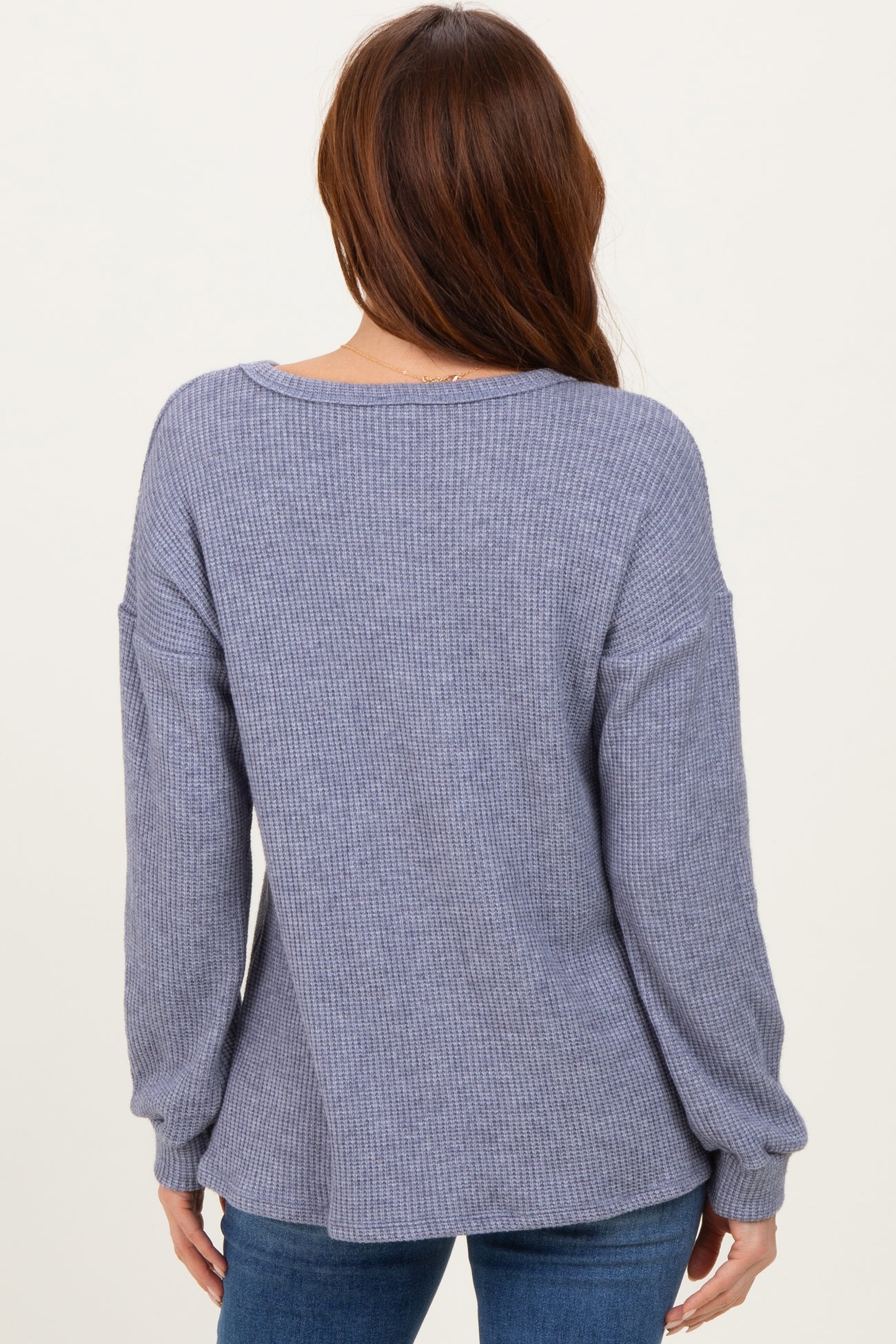 Denim Blue Puff Sleeve Solid Sweater Top