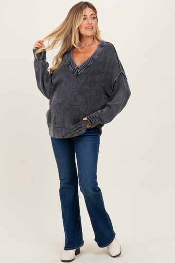 Black Vintage Wash Oversized V-Neck Maternity Sweater
