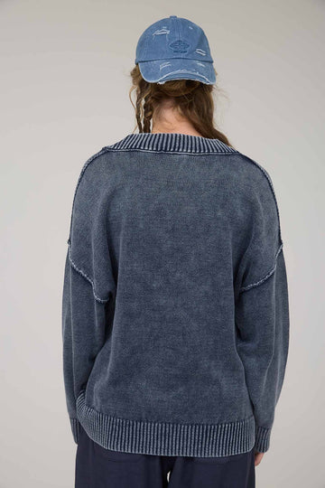 Navy Vintage Wash Oversized V-Neck Sweater