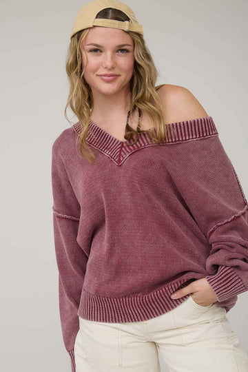 Burgundy Vintage Wash Oversized V-Neck Sweater
