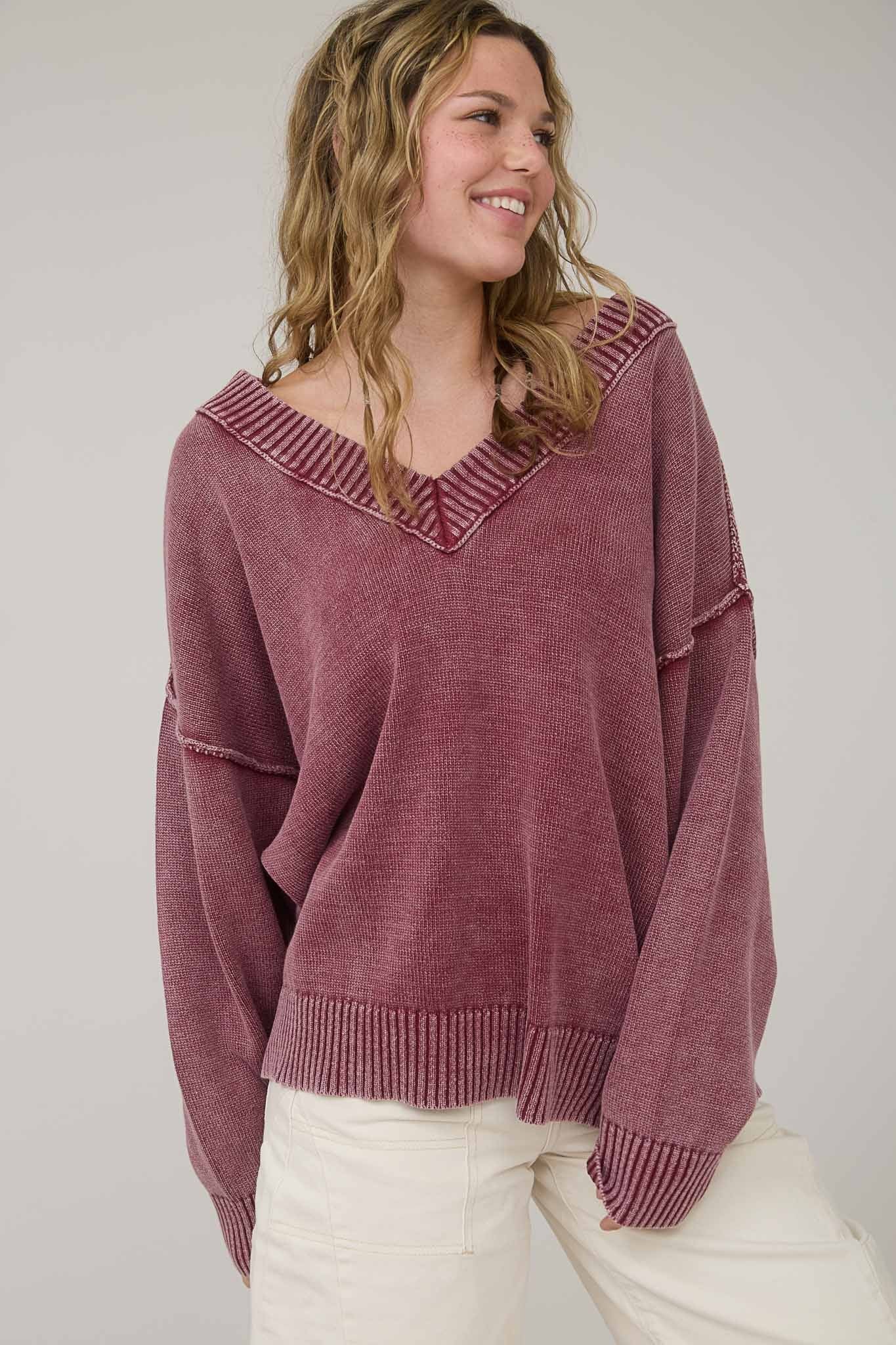 Burgundy Vintage Wash Oversized V-Neck Sweater
