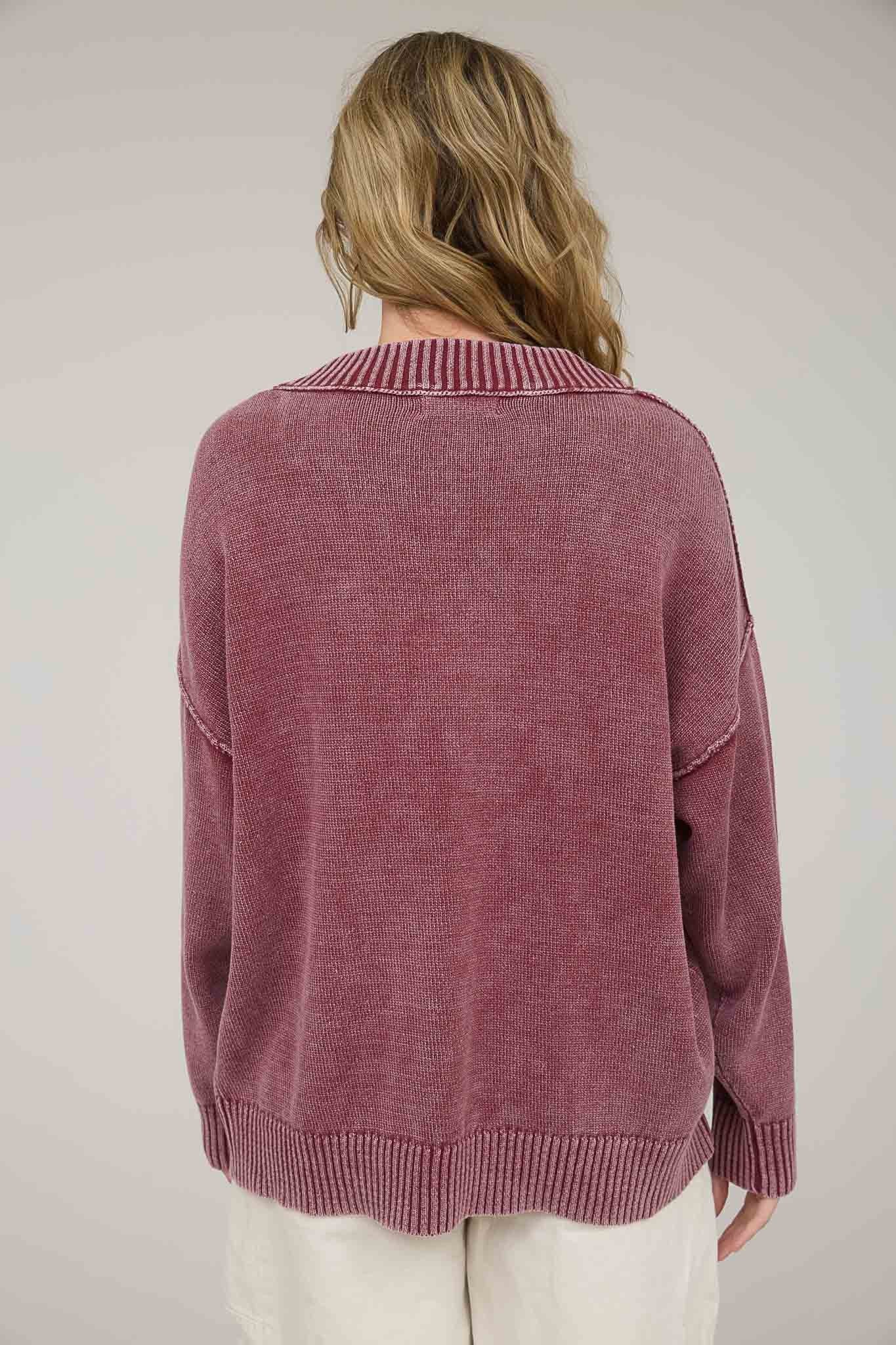 Burgundy Vintage Wash Oversized V-Neck Sweater