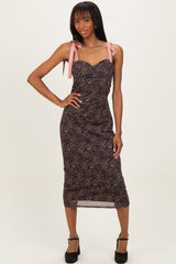 Brown Animal Print Mesh Shoulder Tie Maternity Dress
