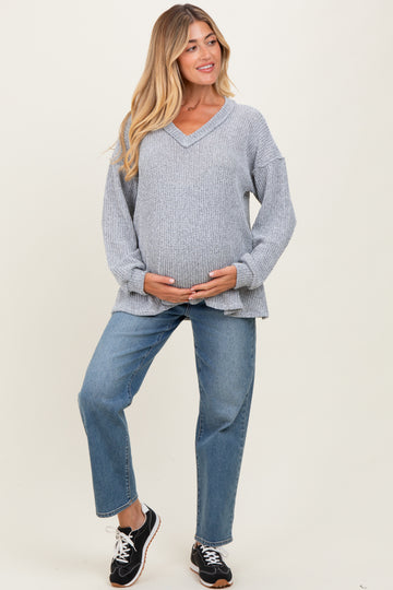 Heather Gray Long Puff Sleeve Solid Oversized Maternity Top