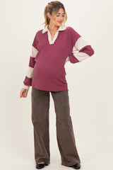 Burgundy Long Sleeve Collar Solid Contrast Maternity Top