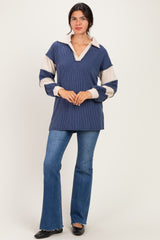 Navy Long Sleeve Collar Solid Contrast Top