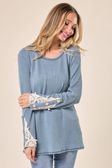 Light Blue Textured Rib Crochet Lace Detail Long Sleeve Top