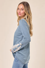 Light Blue Textured Rib Crochet Lace Detail Long Sleeve Top