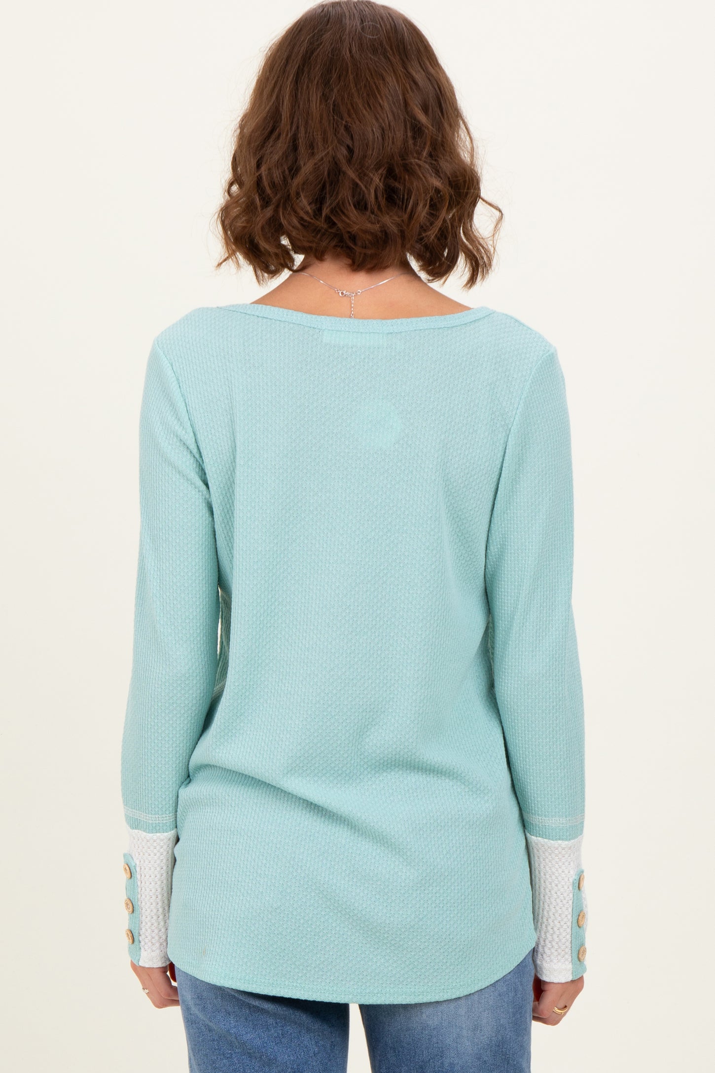 Mint Green Waffle Knit Colorblock Long Sleeve Top