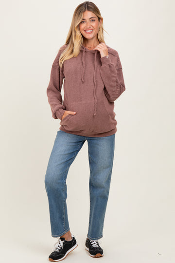 Brown Long Sleeve Brushed Urban Rib Maternity Hoodie Top