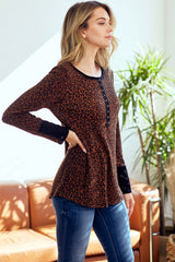 Brown Animal Print Henley Top