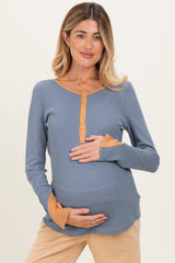 Blue Colorblock Snap Button Maternity Henley