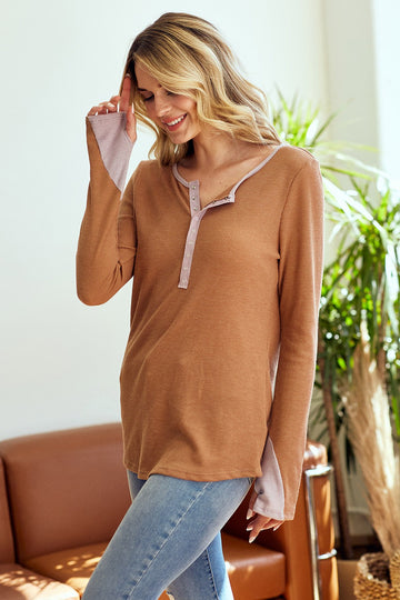 Camel Colorblock Snap Button Henley