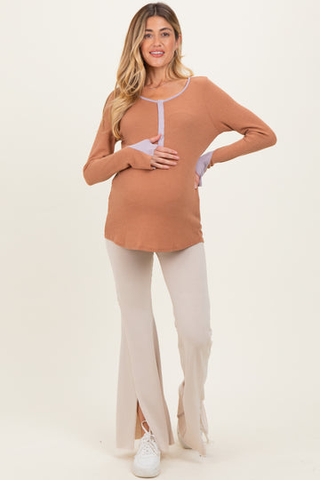 Camel Colorblock Snap Button Maternity Henley