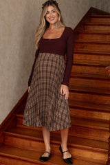 Brown Plaid Pleated Maternity Midi Skirt