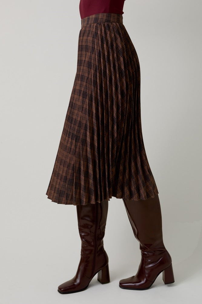 Brown Plaid Pleated Midi Skirt