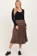 Brown Plaid Pleated Midi Skirt