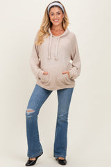 Beige Long Sleeve Solid Maternity Hoodie Top